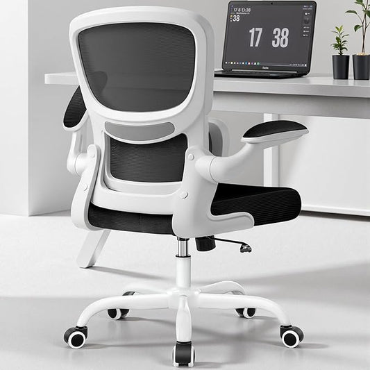 BESTFAIR Office Chair Ergonomic Desk Chair, Breathable Mesh Comfy Chair with Lumbar Support, Computer Chair, Home Desk Chair with Flip-up Armrests, Gaming Chair for Adults Home Office (White)