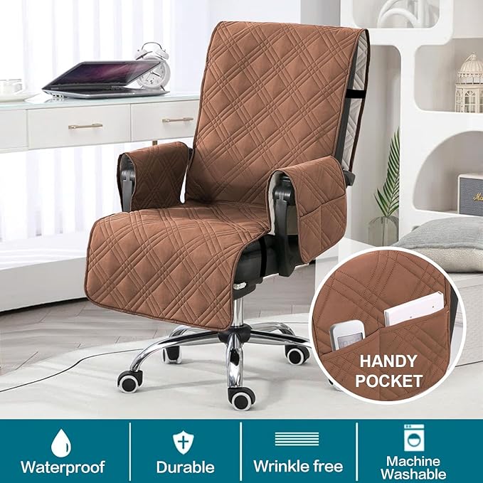Turquoize Waterproof Office Chair Cover with Armrest Covers Durable Computer Desk Chair Cover with Arms Quilted Office Chair Seat Cover Slipcover with Anti-Slip Buckle for Home Office, Terracotta