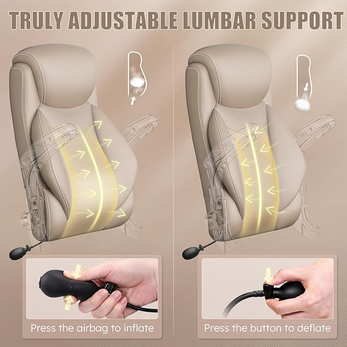 Ergonomic Office Chair, Home Desk Computer Chair, High Back Executive Chair，Padded Leather Ergonomic Computer Desk Chair with Inflatable Lumbar Support & Flip-Up Arms, Swivel Chair,Beige 2 Pack