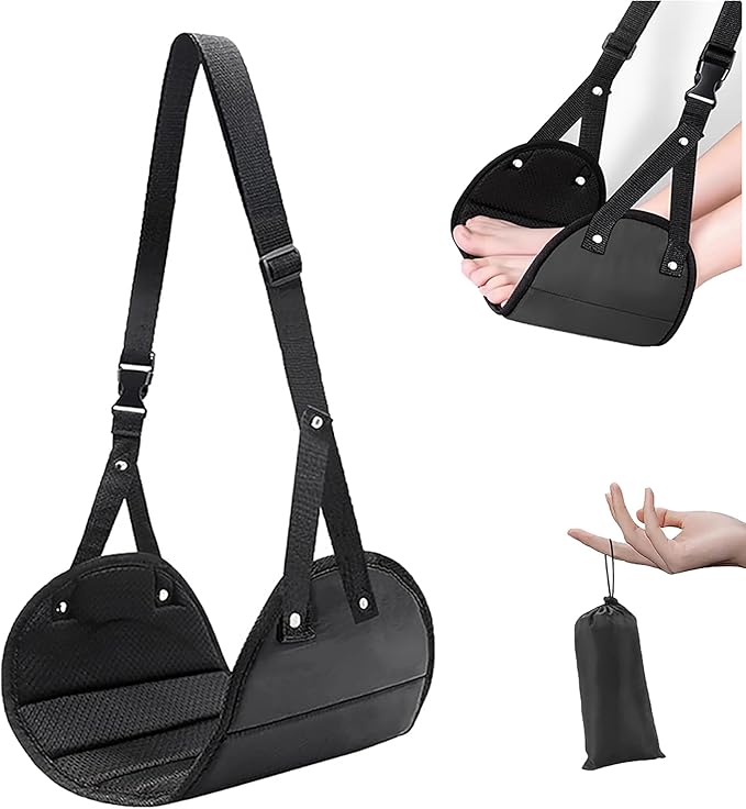 Foot Hammock for Plane Travel, Airplane Foot Hammock, Adjustable Foot Rest Sling, Airplane Gadgets Travel Essentials for Long Time Flight (Black)