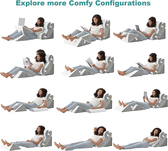 Hansleep Bed Wedge Pillow Set for After Surgery 6PCS, Post Surgery Pillow for Sleep Apnea and Acid Reflux Relief, Adjustable Reading Pillows Back Support with Memory Foam, White, 20"