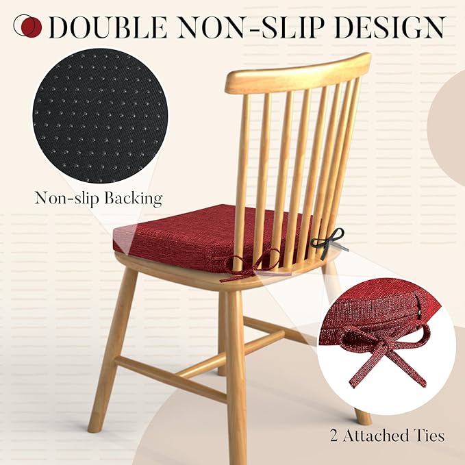 Basic Beyond Chair Cushions for Dining Chairs with Ties and Removable Cover, 2" Thick Seat Cushions for Kitchen Chairs, Set of 6, 17" x 16", Red