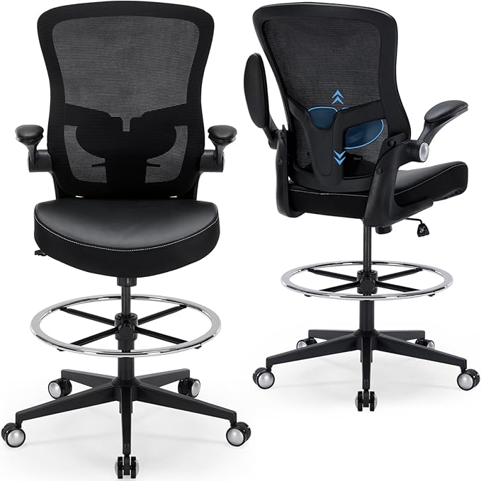 Drafting Chair 400lbs Heavy Duty Tall Office Chair Big and Tall Ergonomic Standing Desk Chair with Lumbar Support and Adjustable Footrest Ring, Comfy Mesh Wide Chair with Flip-up Armrests, Black