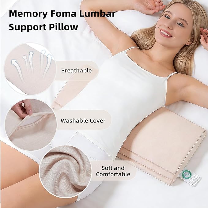 Adjustable Lumbar Support Pillow for Bed, Back Sleeping Cushion with Removable Height Layer & Dual-Firmness Inserts for Lower Back Pain Relief, Spinal Alignment & All-Night Comfort