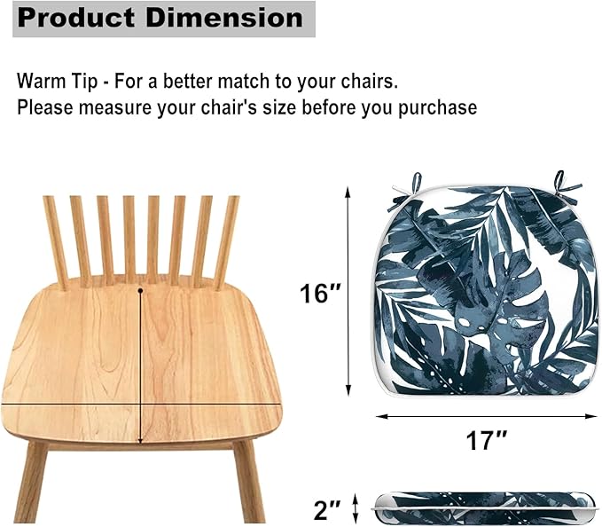 DYTXIII Set of 4 Outdoor Chair Cushions with Ties,Water Repellent Patio Chair Pads 17"x 16" for Outdoor Furniture,Round Corner Seat Cushions for Garden Yard Kitchen Palm Blue