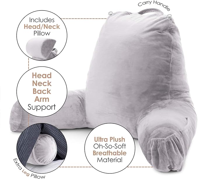 Clara Clark Reading Pillow with Shredded Memory Foam Includes 2 Neck and Lumber Support Pillows, Designed for Sitting Up in Bed and Couch, Back and Arms Adjustable Support for Adults, Grey Lavender