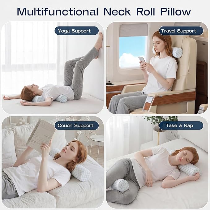 Neck Roll Pillow, Memory Foam Neck Support Pillows, Round Neck Pillows, Cylinder Bolster Pillows for Bed, Couch, and Yoga, Removable Washable Cover,18 * 4.1 * 4.1inch (Cool-Blue)