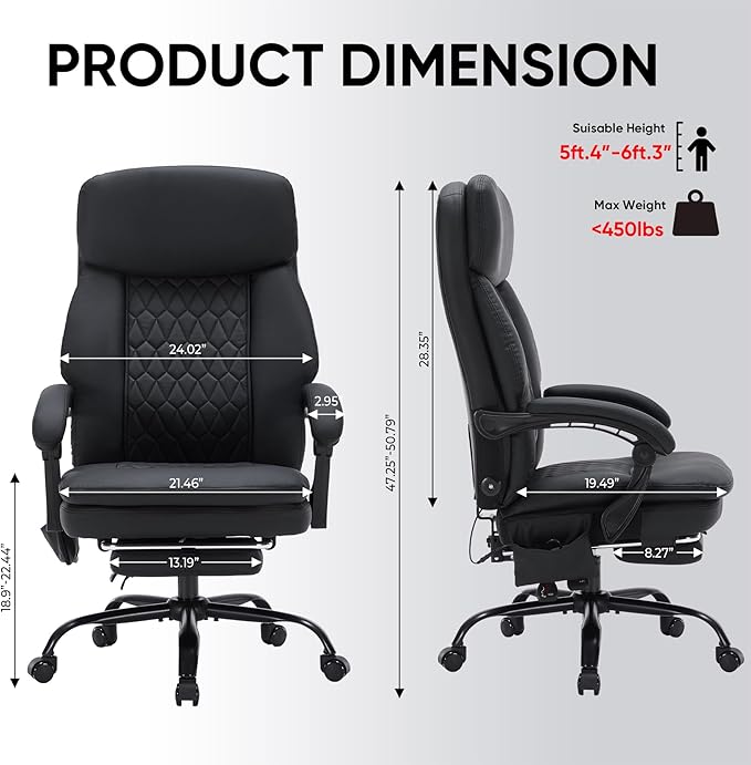 16 Nodes Kneading Massage Office Chair with Foot Rest,450lbs Shiatsu Massage Reclining Office Chairs,Home Office Desk Chair for Heavy People,Ergonomic Desk Chairs with Extra Cushion Pillow(Black)