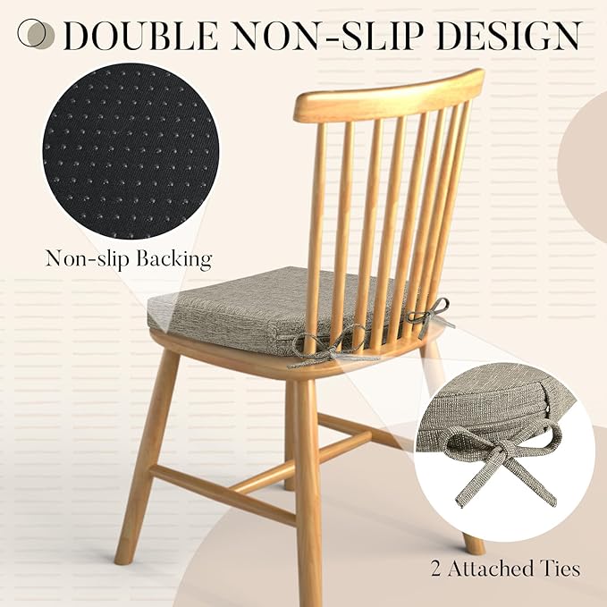 Basic Beyond Chair Cushions for Dining Chairs with Ties and Removable Cover, 2" Thick Seat Cushions for Kitchen Chairs, Set of 6, 17" x 16", Khaki