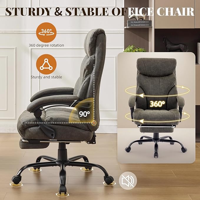 Garvee Comfortable Office Desk Chair 500 LBS, Big and Tall Office Chairs with Adjustable Flip-up Armrests,100-118°Recline Executive Leather Gaming Chair for Heavy People, Long Hours,Gray
