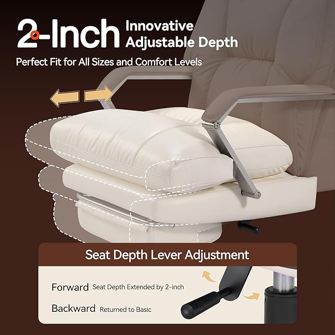 OKUP M76 160° Reclining Executive Office Chair with Footrest, Adjustable Seat Depth, 10" Thick Cloud Cushion Desk Chair, 420lb Heavy Duty High Back Leather Desk Chair for Home Office, Cream