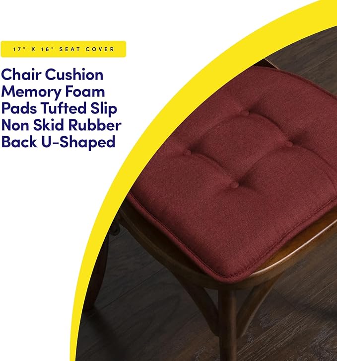 Sweet Home Collection Chair Cushion Memory Foam Pads Tufted Slip Non Skid Rubber Back U-Shaped 17" x 16" Seat Cover, 6 Pack, Wine Burgundy