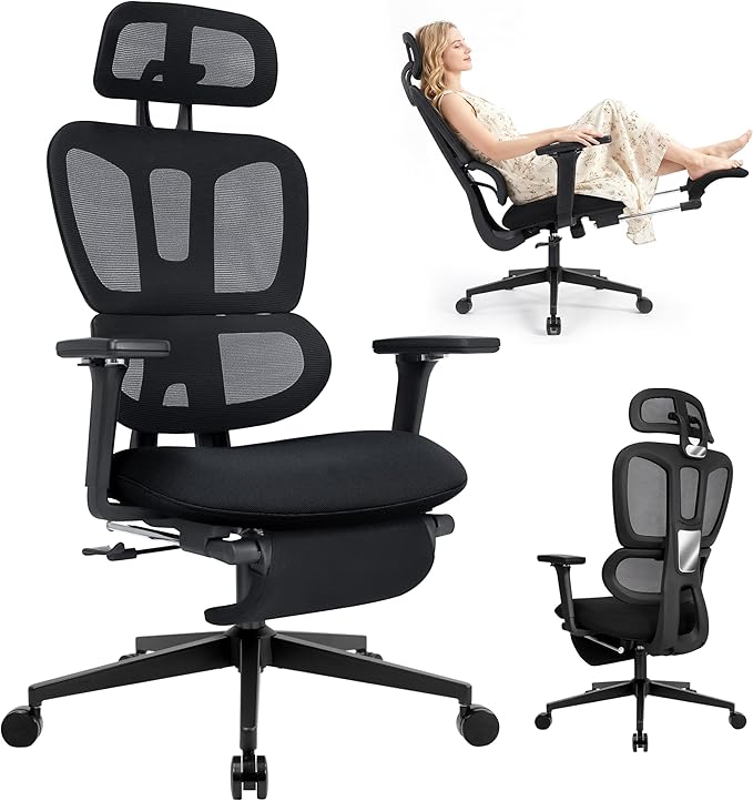 Ergonomic Office Chair with Footrest, 90-135° Reclining High Back Desk Chair with Lumbar Support, 2D Headrest, 4D Armrests, Computer Chair for Long Hours, Black