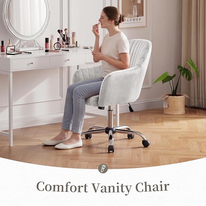 Warmiehomy Office Chair, Velvet Desk Chair for Home Office, Girls' Vanity Chair with Arm Rest for Bedroom Dressing Room, Pure White