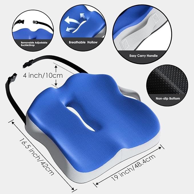 Car Seat Cushion, Extra Large Memory Foam Cushion with Adjustable Strap for Truck Drivers & Long Driving, Orthopedic Sciatica and Tailbone Pain Relief, Comfort Support for Travel Essentials
