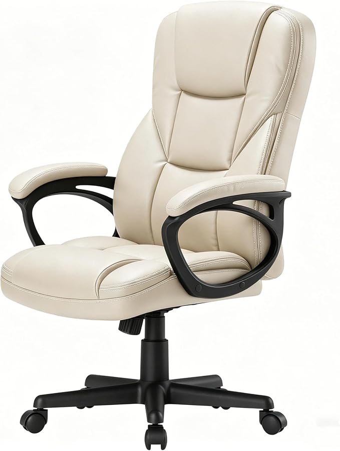 Shahoo Ergonomic Office Chair Executive Adjustable Desk Chair with Flip-up Armrests PU Leather Swivel Computer Chair for Home Office Gaming, Lumbar Support Space Saving 300lbs Capacity, Begie