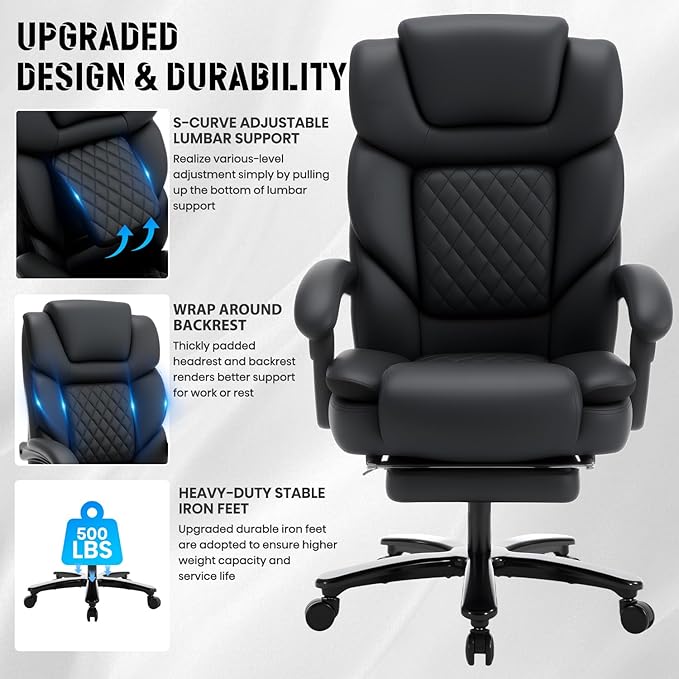 500lbs Recliner Office Chair with Footrest Lumbar Support, Wide Seat Plus Size 500lbs Big Tall Reclining Office Desk Chair, Black
