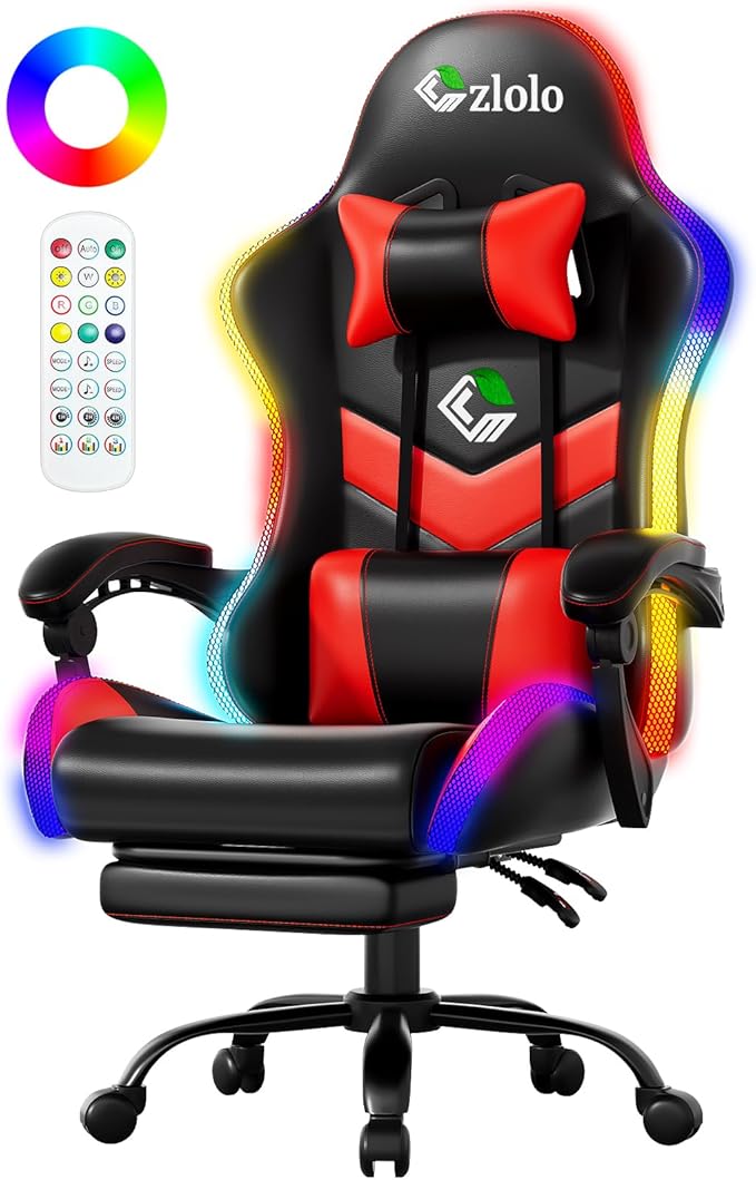 Czlolo Gaming Chair, 2026 Upgraded RGB LED Lights Computer Chair with Footrest, Lumbar Support Massager Gamer Chair, High Back, 90-135° Reclining, Linkage Armrests, Red