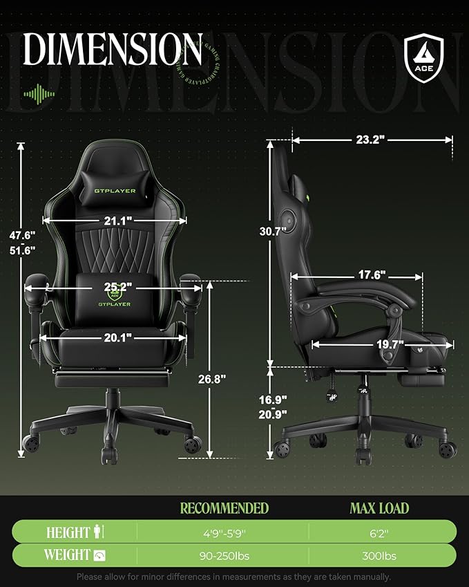 GTPLAYER Gaming Chair with Speakers, Video Game Chairs with Footrest, PC Gamer Chairs for Adults - Padded High Back Ergonomic Reclining Silla Gamer, Linkage Armrest, Ace Pro, Green