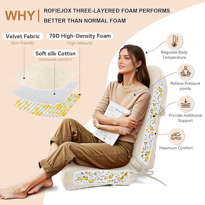Rocking Chair Cushion - Velvet Fabric, High-Density Sponge, Durable Comfort Non-Slip Bottom Tufted Seat Pads with Ties, Velvet︱Oyster White, 44x19x4 inch