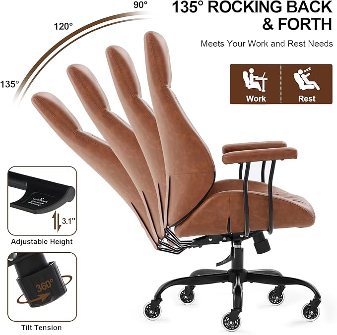 E-Motie Office Chair with Rubber Wheels, Ergonomic Computer Chair 500 lbs, Leather Desk Chair with Lumbar Support, Executive Chair Adjustable Height & Recline, Brown