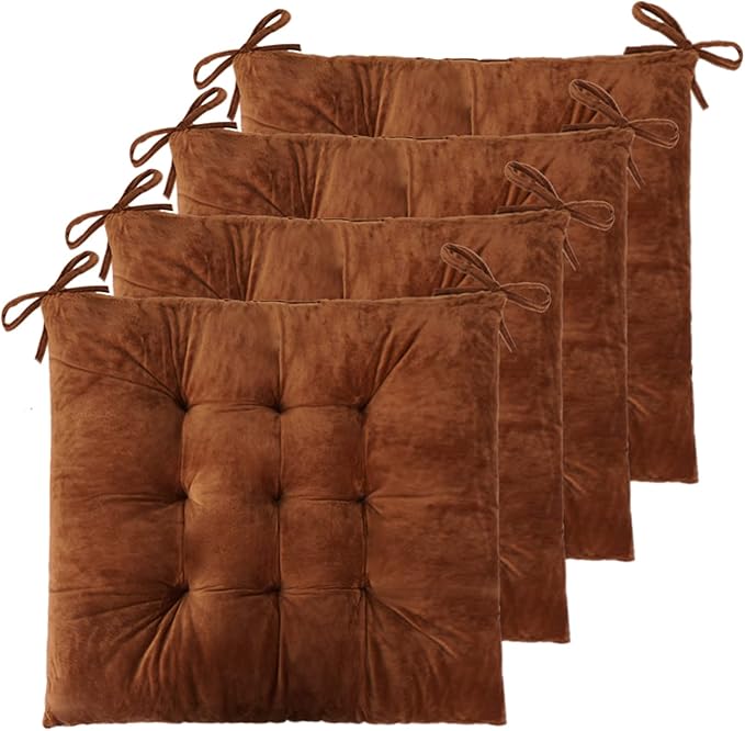 ELFJOY 4 Pack Chair Cushions for Dining Chairs Chair Pads Cushion for Kitchen Office Tufted Square Seat Cushion with Ties (16" Coffee Velvet)
