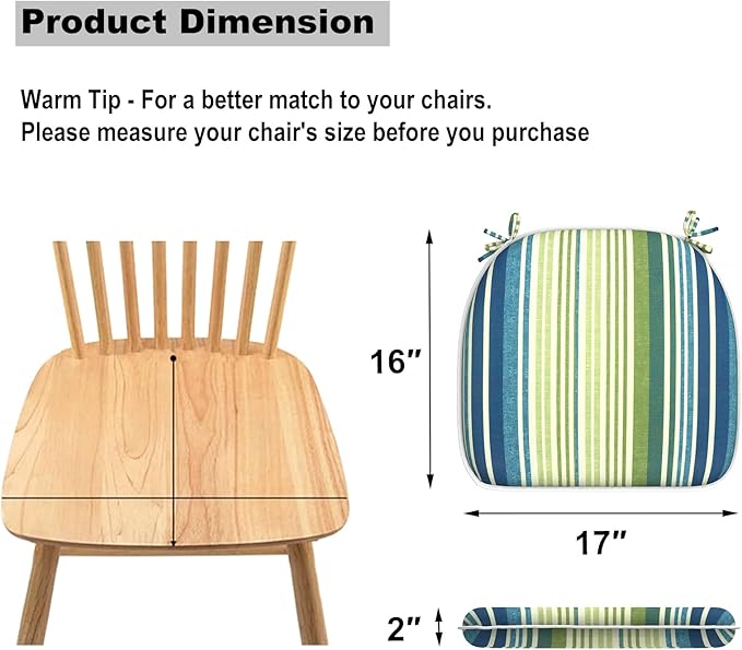DYTXIII Set of 4 Outdoor Chair Cushions with Ties,Water Repellent Patio Chair Pads 17"x 16" for Outdoor Furniture,Round Corner Seat Cushions for Garden Yard Kitchen Stripe Blue Green