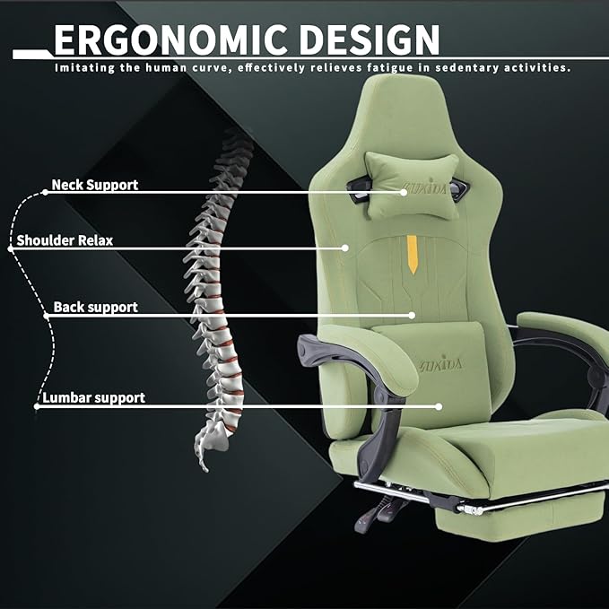 Gaming Chair with Footrest Ergonomic Computer Chair Massage Lumbar Cushion, Racing Video Game Chair Adjustable Rocker Recliner Executive Office Desk Chair Fabric for Adults