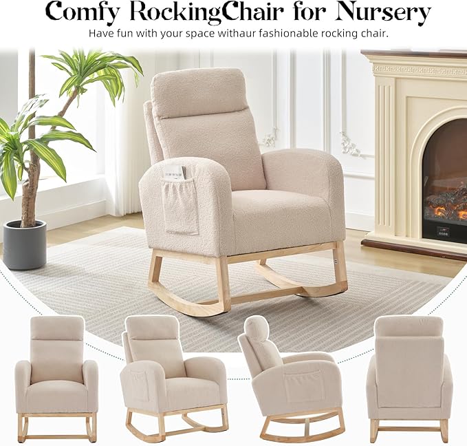 Nursery Rocking Chair, Comfy Modern Glider Rocking Chair with High Backrest and Armrest, Teddy Upholstered Rocking Accent Chair with Side Pockets for Living Room, Bedroom, Office,Beige