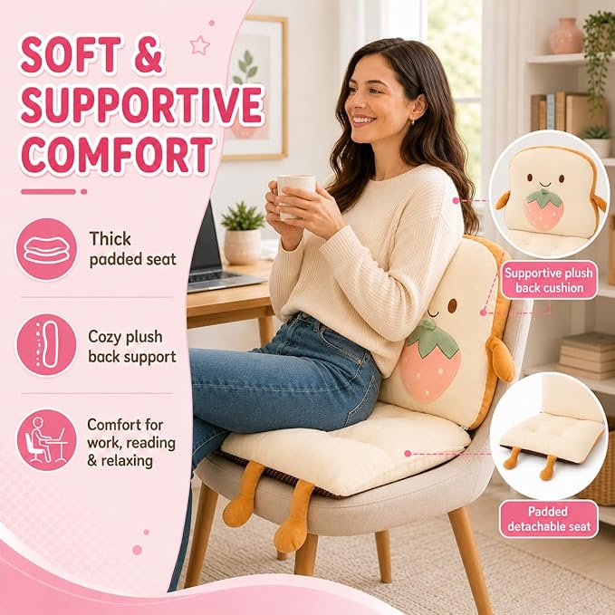 ChezMax Chair Cushion Plush Detachable Seat Back Cushion with Ties Thickened Chair Pads Toast Cartoon Waist Pillow for Outdoor Car Office Patio Bedroom Living Room Strawberry