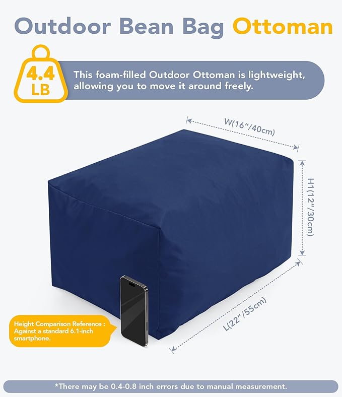 Outdoor Patio Bean Bag Ottoman - Small Beanbag Foot Rest Pouf Rectangular with Shredded Foam Filling, Splash-Proof Detachable Zipper Cover for Relaxing, Navy