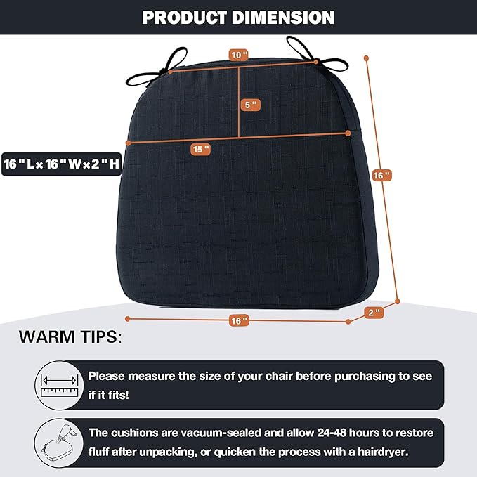 Battilo Chair Cushions for Dining Chairs with Ties, Kitchen Chair Pad with Non-Slip Backing and Removable Cover, Indoor/Outdoor Dining Seat Cushion, 16"x16"x2", Set of 4, Black