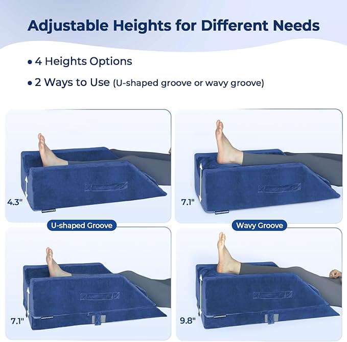 KingPavonini 4-Height Adjustable Leg Elevation Pillows for After Surgery with Ergonomic Curve, Memory Foam Wedge Pillow for Legs Swelling, Blood Circulation and Pain Relief, Blue (Single Leg)