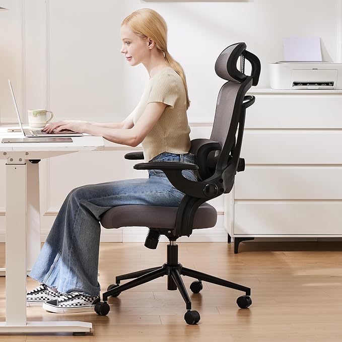 Sweetcrispy Executive Office Ergonomic Desk Chair, 300 LBS Home Mesh Chairs with Wheels, 2D Headrest, Up&Down Lumbar Support, Swivel High Back Computer Chair with Flip-up Armrests,Grey