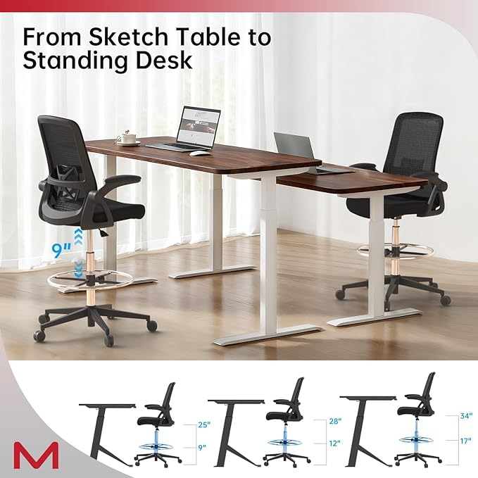 Mesh Drafting Chair, Tall Office Chair with Lumbar Support, Ergonomic Desk Chair with Flip up Armrests, Standing Desk Chair with Adjustable Footrest Ring, Breathable Back, Black
