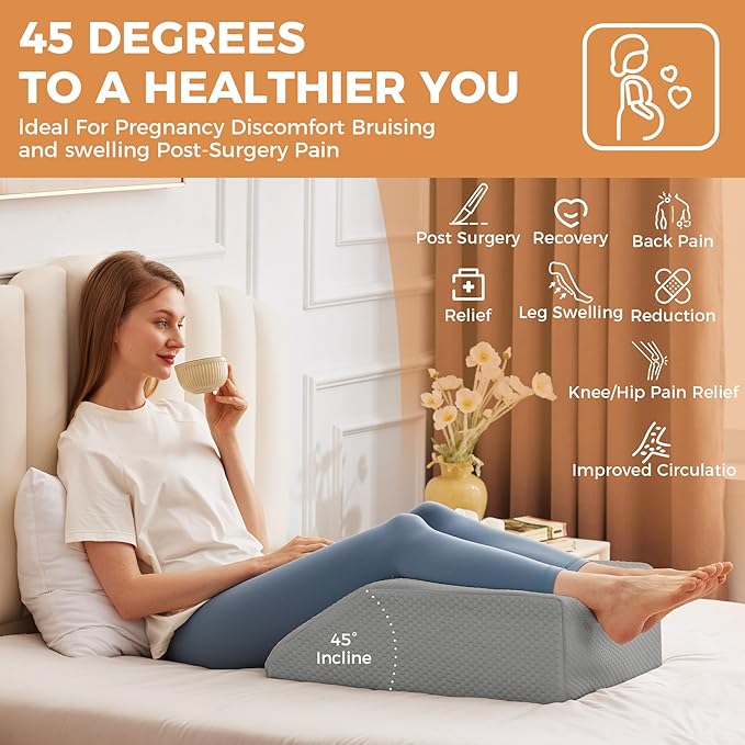 BIEEZZK Leg Pillow Elevation Blood Circulation, Leg Elevating Pillows for After Surgery, Sleeping, Memory Foam Wedge Pillow for Legs Swelling, Foot Knee Pillow for Back Pain, 23.6×16.8×8in, Grey