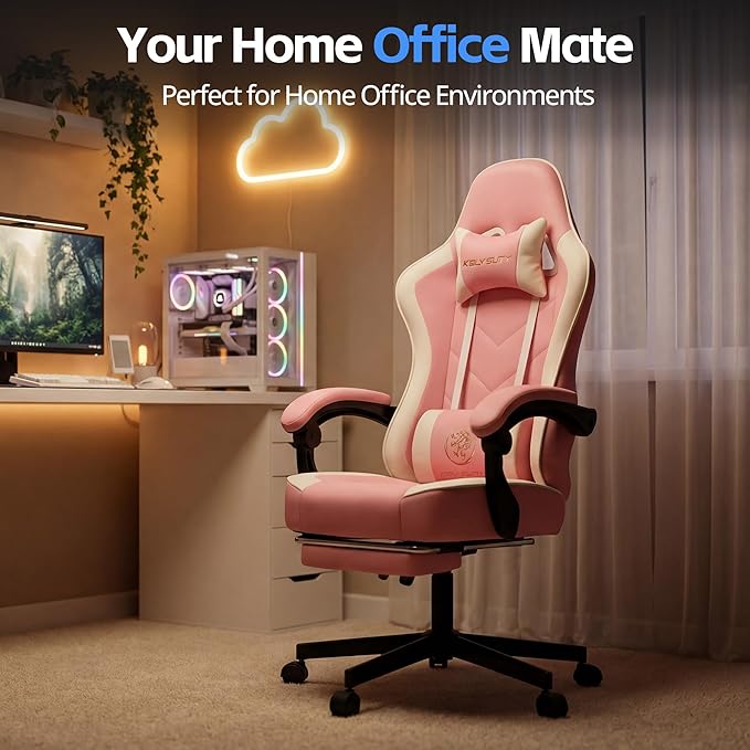 Desk Computer Gaming Chair - High Back Ergonomic Office Chair with Footrest and Lumbar Support, Swivel Comfy Home Gamer Video Game Chairs with Pocket Spring Cushion for Adults (Pink Leather)