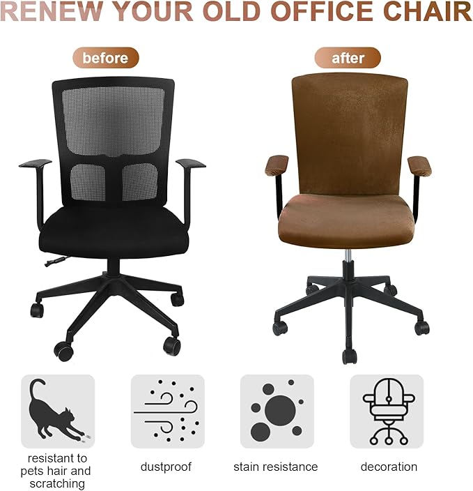Tallew 4 Pcs Office Chair Covers Set Computer Universal Protective Stretchable Chair Seat Covers Desk Armrest Slipcovers Pads Office Cushion Backrest for Rotating(Brown)
