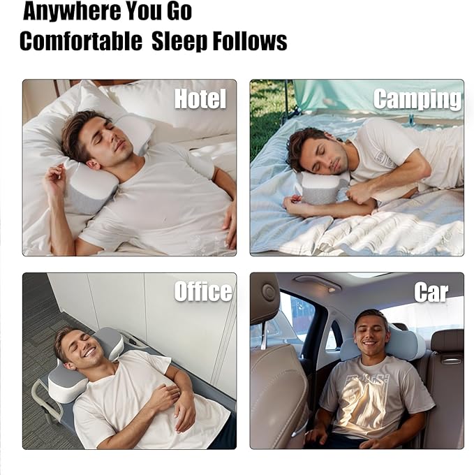 Bespilow Travel Cervical Pillow for Sleeping, Small Memory Foam Neck Pillow with Cooling Washable Cover, Compact Ergonomic Neck Support Travel Pillow for Car Camping, RV, Road Trip & Passenger Seat