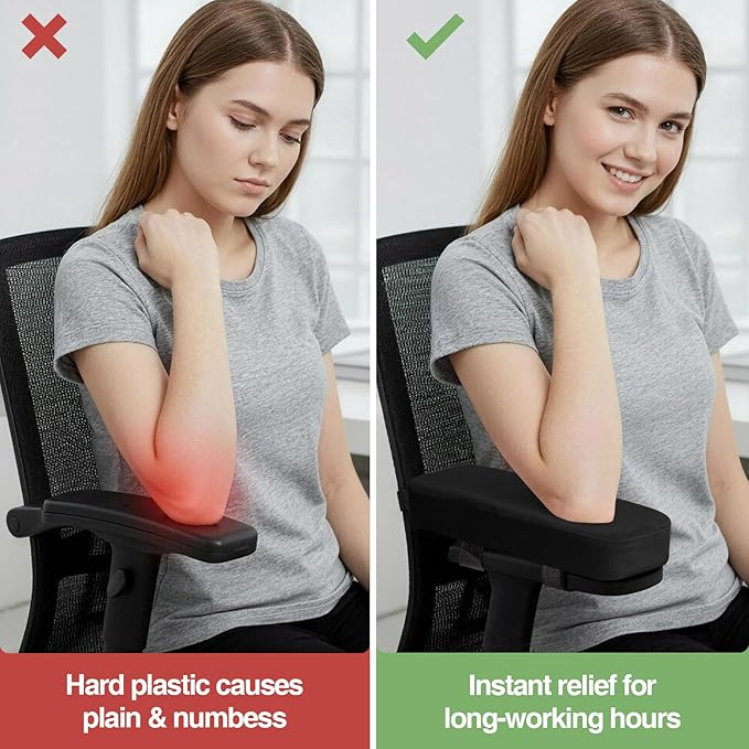 Smiry Ergonomic Office Chair Armrest Pads, Memory Foam Arm Rest Covers, Non-Slip Armrest Cushion with Adjustable Buckles and Straps, Elbow Relief for Desk, Gaming & Wheelchair (Black, Set of 2)