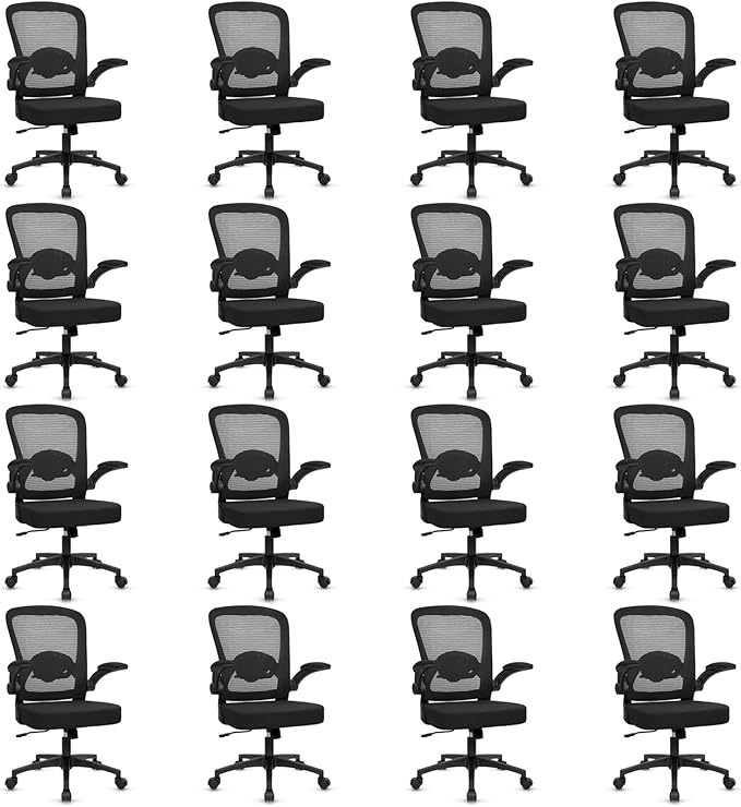 KLASIKA Desk Chairs with Wheels, Ergonomic Mesh Back Home Office Chair Adjustable Lumbar Support & Height Swivel Rolling Computer Task Chairs with Flip Up Armrests for Conference Meeting, Black, 16PK