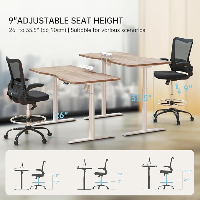 Drafting Chair,Tall Office Chair for Standing Desk,Office Drafting Chair with Footrest Ring,High Office Chair with Tilt Back,Extra Tall Office Chairs with Flip Up Armrest
