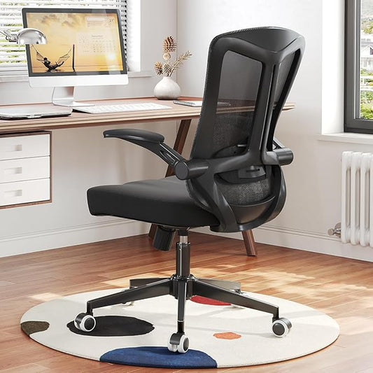 350 LBS Ergonomic Office Computer Mesh Chair - Adjustable Height Rolling Desk Chair with Flip-Up Armrests & High Back Support - Comfortable Swivel Task Chair for Home Office (02BLACK)