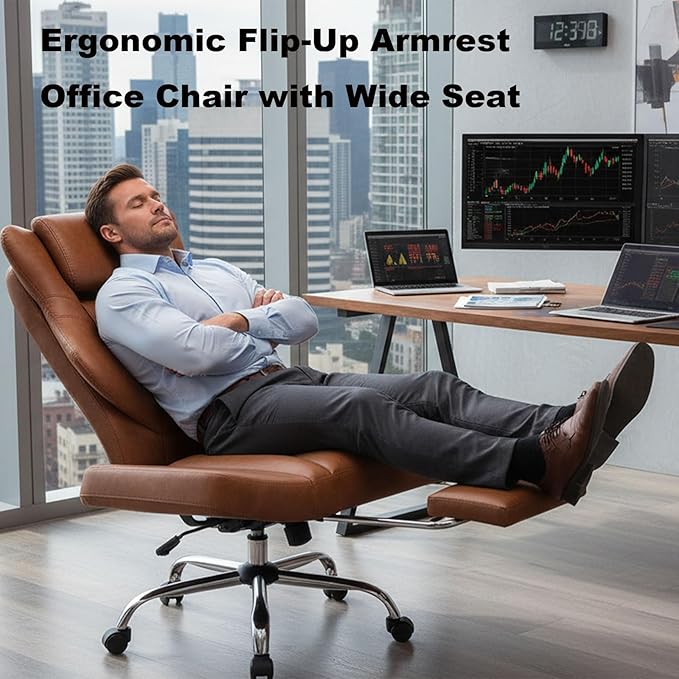 DYHOME Criss Cross Office Chair with Footrest, Executive Office Chair Ergonomic Flip-Up Armrest Office Chairs, Adjustable Reclining Computer Desk Chair for Working, Gaming, Relaxing,Brown Leather