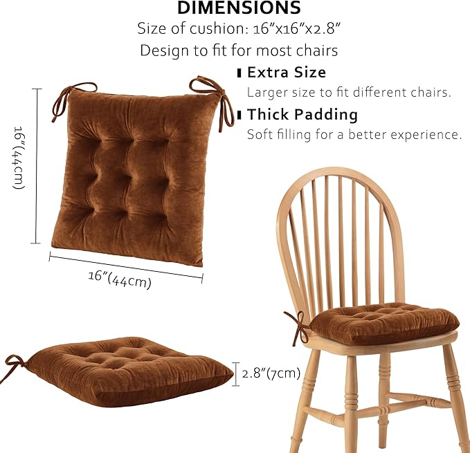 ELFJOY 4 Pack Chair Cushions for Dining Chairs Chair Pads Cushion for Kitchen Office Tufted Square Seat Cushion with Ties (16" Coffee Velvet)