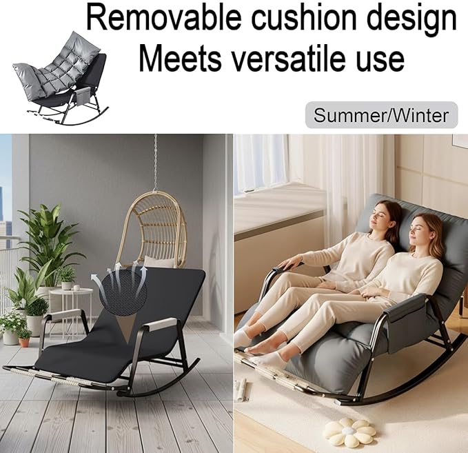 Outdoor Recliner Chair-Winter/Summer Dual Use Balcony Chair，180°Adjustable Backrest and Footrest with Removable Padding and Side Pockets for Living Room Balcony Porch Patio