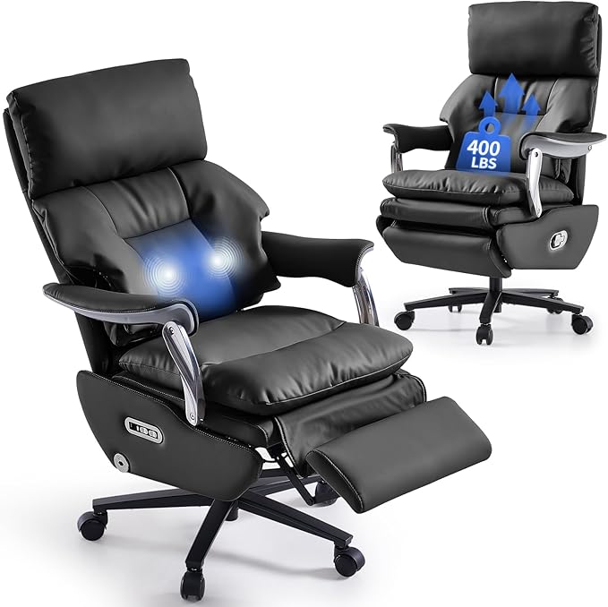 EMIAH Ergonomic Office Chair with Foot Rest Electric Executive Office Chair Reclining with Massage Big and Tall High Back Computer Chair with Wheels, Sustainable Leather（Black）