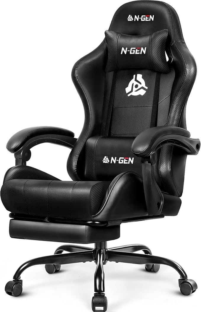 N-GEN GAMING Video Gaming Chair with Footrest Lumbar Support for Home Office High Back Recliner Height Adjustable Ergonomic Comfy Leather Computer Desk Chair (Carbon Black)