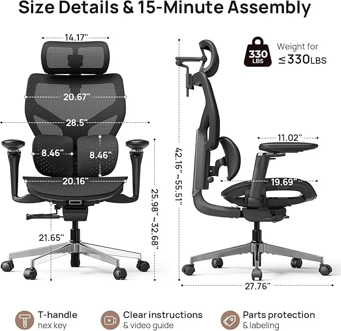 Ergonomic Office Chair with Lumbar Support - Over 10 Hours Sitting Comfortable, Mesh Big and Tall Home Computer Desk Chairs, 4D Headrest, 630° Armrst, Seat Depth Adjustable, 330 LBS