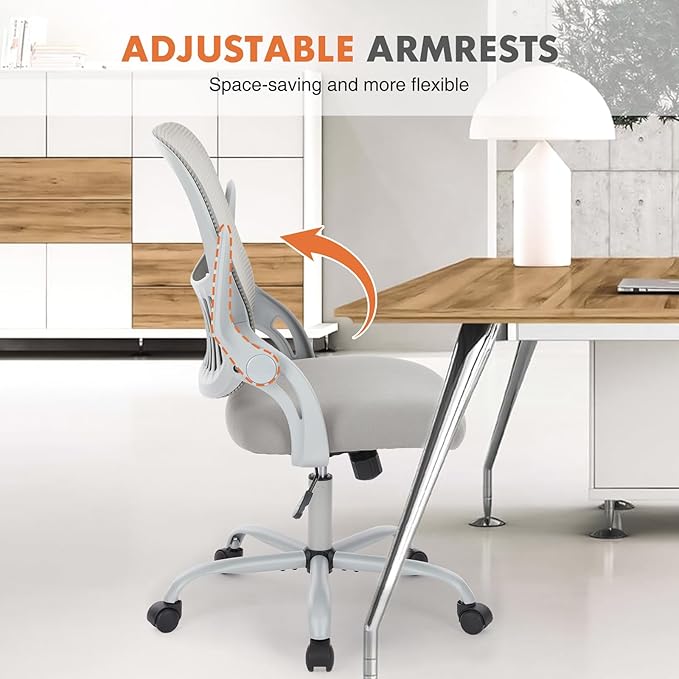 Sweetcrispy Home Office Managerial Executive Chair, Ergonomic Mesh Adjustable Swivel Mid-Back Chair with, Flip-up Arms, Comfortable Lumbar Support, Comfy Arms for Bedroom,Study,Student, Grey